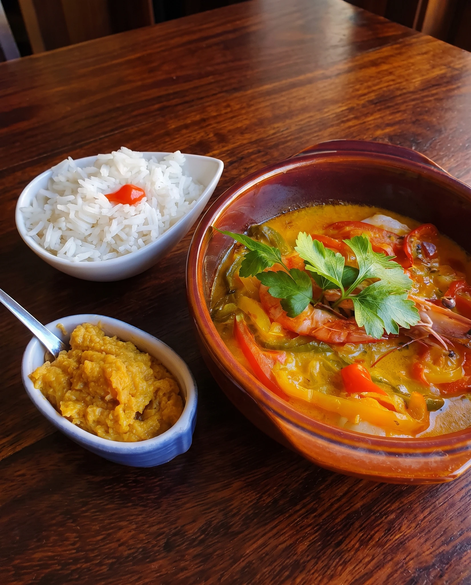 Moqueca de la mer servie en cocotte de terre, riz blanc parfumé et mousseline de manioc — restaurant 2 Mondes à Saint-Aygulf