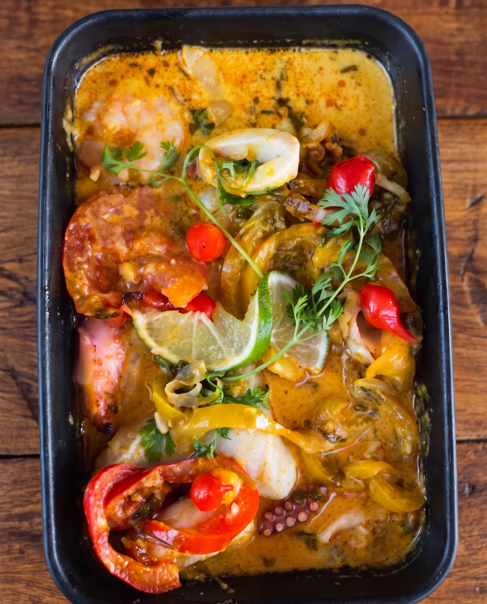 Poissons, gambas, encornets et poulpe mijotés dans un bouillon coco-dendê aux poivrons et citron vert